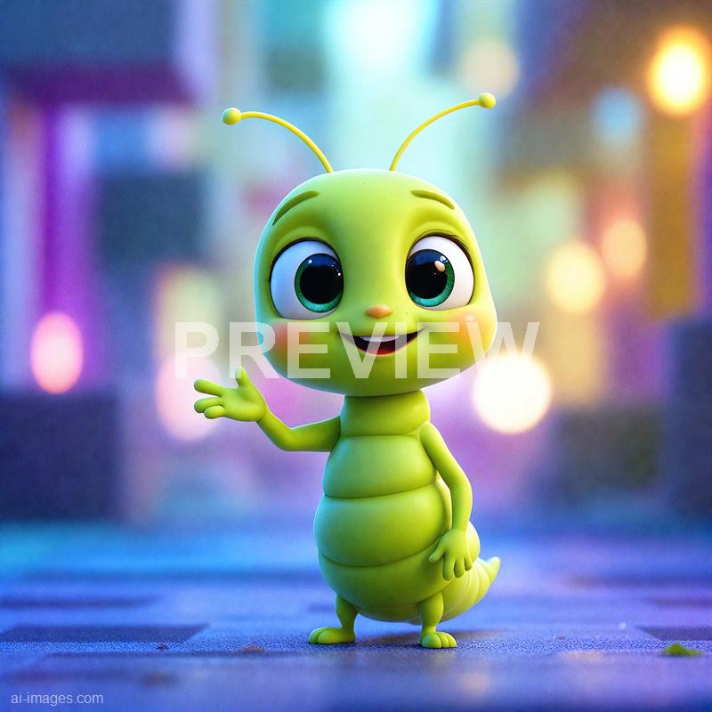 A brightly colored, animated cartoon character of a cheerful, adorable caterpillar with large, expressive eyes, a small smiling mouth, and a smooth, segmented green body. The character is standing on a surface with a blurred, colorful cityscape or background behind it, illuminated by soft, multicolored lights that create a lively atmosphere. The caterpillar appears to be waving or greeting with one tiny hand raised.